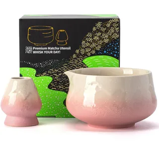 TEANAGOO Matcha Schale mit Ausgießer,2-Pcs Fuji Design Keramik Schale und Schneebesen Halter(chawan),18.9oz/560ml Rosa Matcha Schale mit Ständer, Geschenk-Set für Freund/Familie