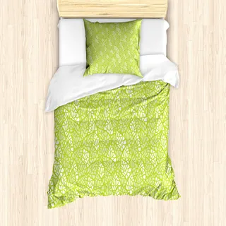 ABAKUHAUS Blatt Mantele, Ökologie Garten Blätter, Milbensicher Allergiker geeignet mit Kissenbezügen, 135 cm x 200 cm - 80 x 80 cm, Apple-Grün Weiß - Weiß