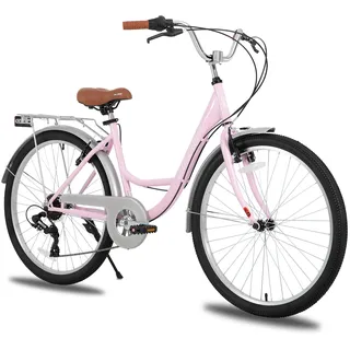 HILAND 26 Zoll Cityräder für Erwachsene, Step-Through Rahmen Damenfahrrad mit Gepäckträger und Korb, Herren und Damen 7 Gang-Schaltung Hollandfahrrad Citybike, City-Pendlerfahrrad für Männer, Rosa