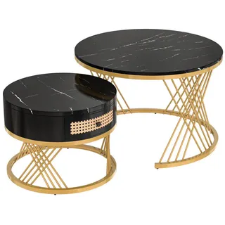 Okwish Couchtisch 70/70 cm mit Marmorplatte und 1 Schubladen aus Kunststoff-Rattan schwarz , Schwarz , Holzwerkstoff , 70x45.5x70 cm , Wohnzimmer, Wohnzimmertische, Couchtische