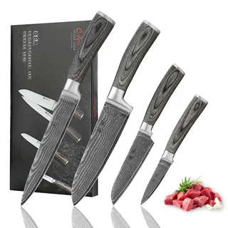 Wakoli EDIS 4-teiliges Küchenmesser Set aus Damaststahl (VG10 Kern) in edler Geschenkbox – Scharfes Damastmesser Set mit Pakkaholzgriffen – Messerset mit 2x Santoku, Fleischmesser & Officemesser