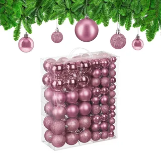 Relaxdays Weihnachtskugeln im 138er Set, Kunststoff, glitzernde, Matte, glänzende Baumkugeln, Christbaumschmuck, rosa