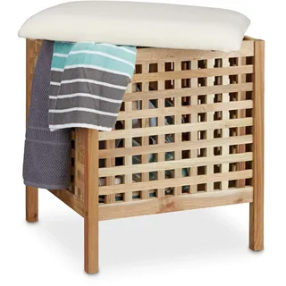 Relaxdays Badhocker mit Wäschesammler HBT: 52 x 49 x 49 cm Badhocker mit Sitzkissen aus Leinen und Wäschekorb 52 Liter Sitzhocker mit Stauraum aus Massiv Walnuss Holz, natur weiß