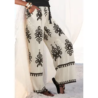 Palazzohose LASCANA "mit Ethno-Print und weitem, luftigem Bein", Damen, Gr. 40, N-Gr, beige (sand, schwarz bedruckt), Web, Obermaterial: 100% Viskose, bedruckt, figurumspielend lang, Hosen Palazzohose, leichte Sommerhose aus Webware, Topseller