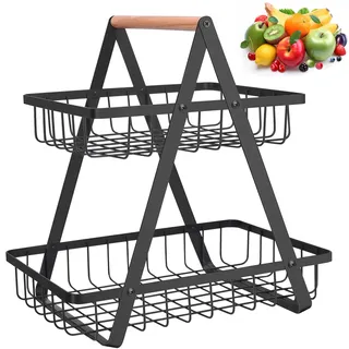 Rdddhur 2 Stöckig Obstkorb Etagere, Abnehmbar Obst Etagere, 2 Stöckig Metall Schwarz Obstschale für Brot, Gemüse, Snacks, Eckregal Stehend Aufbewahrung Küche