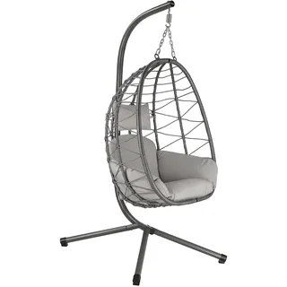 HinHocker Hängesessel mit Gestell | Grau | Hängeschaukel für Indoor und Outdoor | Inkl. Kissen und Auflagepolster | Balkon Hängesessel Outdoor, Gartenschaukel, Schaukelstuhl, Hängekorb