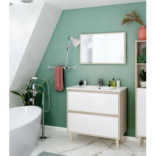 Dmora - Waschtischunterschrank Yazoo, Badezimmer-Waschtischunterschrank, Badezimmerschrank mit Spiegel, Waschbecken Nicht im Lieferumfang enthalten, 80x45h80 cm, glänzendes Weiß und Eiche