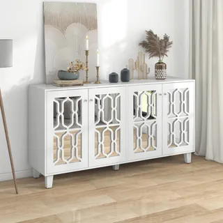 MODFU Kommoden Sideboard mit 4 Türen, Spielgelfront und Trellis-Muster, Anrichte mit Spiegelelement, 160 x 40 x 84cm - Weiß