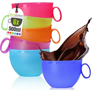 idea-station NEO Kunststoff Kaffeetassen 6 x 500 ml - bunt - bruchsicheres XXL-Tassen Set für Senioren - ideale Camping Tasse 500ml mit Henkel