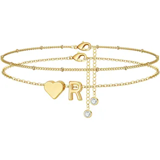TINGN Fußkettchen für Damen, 14K Gold Vergoldete Herz Fußkettchen Damen Gold Layered Fußkette mit Buchstaben R Fussketten für Frauen Wasserfest Sommer Strand Fußschmuck Geschenke für Frauen Teenager