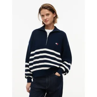 Troyer TOMMY JEANS "TJW STRIPE QUARTER ZIP SWEATER", Damen, Gr. M (40), blau (schwarz night navy, stripe), Strick, Obermaterial: 100% Baumwolle, gestreift, normal, hoch geschlossener Ausschnitt, Pullover Troyer, Baumwolle, mit Zipper, Streifen Design
