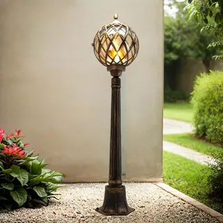 Easylight Wegeleuchte Metall Kunstglas in Kupfer Antik IP43 Weg Garten 115 cm hoch E27 Nostalgie Rustikale Außenstehleuchte Eingang KAIRO