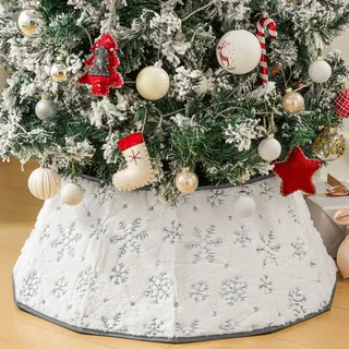 Lewondr Weihnachtsbaum Rock, 66CM Christbaumdecke Deko Baumkragen mit Pailletten Schneeflockenmuster, Plüsch-Weihnachtsbaumdecke Faltbarer Weihnachtsbaumkragen für Weihnachtstag Zuhause, Weiß & Grau
