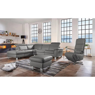 Cantus Ecksofa , Dunkelgrau , Metall , Echtleder , Ottomane links, L-Form , 271x239 cm , Typenauswahl, Bettkasten erhältlich, Fußauswahl, Lederauswahl, Stoffauswahl, seitenverkehrt erhältlich, Hocker erhältlich, Rückenfutter , Wohnzimmer, Sofas & Couches, Wohnlandschaften, Ecksofas