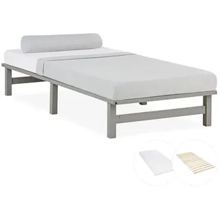 Homestyle4u Holzbett mit Matratze 90/200 cm grau , Grau , Holz , Kiefer , 90x200 cm , Schlafzimmer, Betten