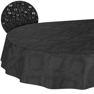 Stoff Tischdecke Textil Tischwäsche Tischtuch Baumwolle Polyester abwaschbar Uni Ornament Damast Jacquard Gewebe waschbar Barock Schwarz Oval 180x140cm Schnittkante