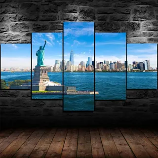 5 teilige leinwandbilder New York Kunstdrucke 5 Teilig Vlies Leinwandbild,Wandkunst 5 stück Leinwand Bilder,Wohnzimmer Schlafzimmer Wand Dekoration,mit rahmen xxl bilder Freiheitsstatue 200x100cm