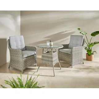 Konifera Garten-Essgruppe »Venedig«, (Set, 3 tlg., 2x Sessel, 1x Tisch Ø 70 cm, inkl. Auflagen, Polyrattan, Aluminium), Hellgrau, Tischplatte aus 5 mm starkem Sicherheitsglas,