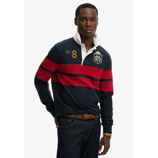 Langarmshirt SUPERDRY "DOUBLE EMBLEM STRIPE RUGBY", Herren, Gr. M, blau (navy, rot chest band stripe), Single Jersey, Obermaterial: 100% Baumwolle, gestreift, relaxed fit normal, ohne Ausschnitt, Shirts Langarmshirt, aus Baumwolle und Single Jersey, Relaxed Fit, gestreifte Optik