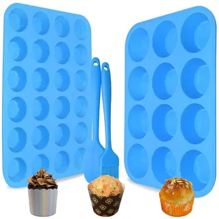 Bangp 2Pack muffinform silikon,12 Cavity silikon backform + 24 Cavity mini muffins backform BPA-freie Antihaft-sichere Muffin Backform Pfanne für Cupcake Biscuit Bagels Muffins (Blau[12+24])