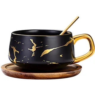 Espressotassen, 300 ml Cappuccino Tassen Set, Tasse Marmor, Marmor Kaffeetasse mit Untertasse, Porzellan, 1 Tasse, 1 Untertasse, 1 Löffel, Schwarz