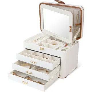 KAMIER Schmuckkästchen für Damen, große Schmuckschatulle mit 4 Ebenen, Schmuckbox mit Spiegel und Schloss, Griff Schmuckkästchen für Ringe, Ohrringe, Halsketten, Armbänder