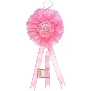 BM Ricami - Schleife zur Geburt Mädchen rosa aus Spitze, Organza und Strass - Größe XL 27 x 60 cm