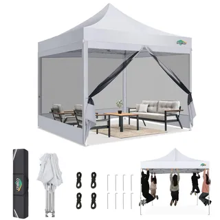COBIZI Pavillon 3x3,Faltpavillon 3x3 Wasserdicht Stabil,Pavillon Faltbar Anti-UV mit Mesh-Seitenwände,Pavillion für Camping Events, Partyzelt Gartenzelt mit Tragetasche(3 mal 3m Weiss)