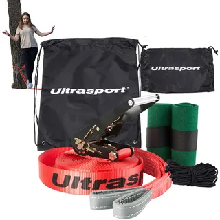 Ultrasport 25m slackline Advance mit Ratsche inkl. Tragetasche, Fitness-Slackline für Anfänger, Kinder und Familien, erhältlich mit Baumschutz