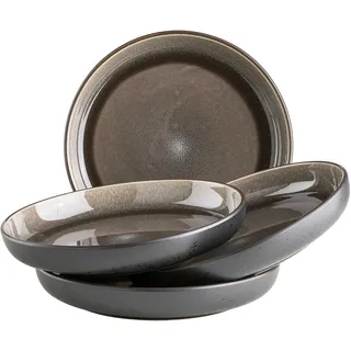 Mäser Serie Niara, Modernes Suppenteller Set für 4 Personen in aufregendem Vintage Look, große tiefe Teller für Pasta und Suppen aus Keramik, Steinzeug, Grau/Schwarz