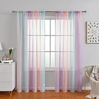 2er Set Gardinen halbtransparente Vorhänge Farbverlauf Voile Dekoschal Fensterschal Scheibengardine Schlaufengardinen Modern für Schlafzimmer und Wohnzimmer Raumteiler 100x200cm(BxL),Rosa Lila Grün