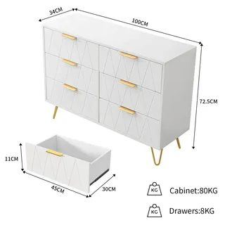 Kommode - Sideboard mit 6 Schubladen - Holz - Modern minimalistisch - Für Wohnzimmer, Schlafzimmer, Flur - Weiß