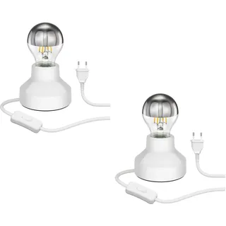 ledscom.de 2x E27 Porzellan Tischlampe TIX, rund mit Stecker und Schalter, weiß, 90mm inkl. E27 Lampe, 399lm, 4,3W, warmweiß