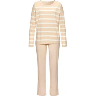 Pyjama S.OLIVER, Damen, Gr. 44/46, beige (beige, weiß, gestreift), Single Jersey, Obermaterial: 60% Baumwolle, 40% Polyester, gestreift, unifarben, bequem lang, Rundhals, Homewear-Sets Pyjama, mit garngefärbten Streifen im Oberteil