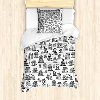 ABAKUHAUS Stadt Mantele, Dorfhäuser Doodle Stadt, Milbensicher Allergiker geeignet mit Kissenbezügen, 135 cm x 200 cm - 80 x 80 cm, Schwarz-Weiss - Schwarz