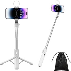 PINHEN 43'' Handy-Stativ,ausziehbarer Selfie Stick-Ständer mit abnehmbarer drahtloser Bluetooth-Fernbedienung und Handy-Halterung,kompatibel mit iPhone Android Phone,GoPro Kamera (White with Light)