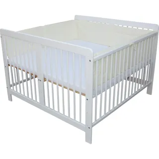 Zwillingsbett Zwillingskinderbett Kinderbett für Zwillinge massiv weiss mit 2 Matratzen 120x120cm + Nestchen beige - Weiß