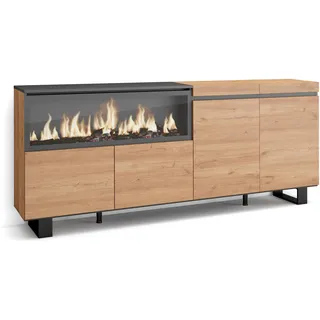 Skraut Home | Sideboard, Highboard | Kommode, Komodenschrank | 210 | 4 Türen | Elektrokamin XXL | Industriedesign | Moderner Stil | Eiche