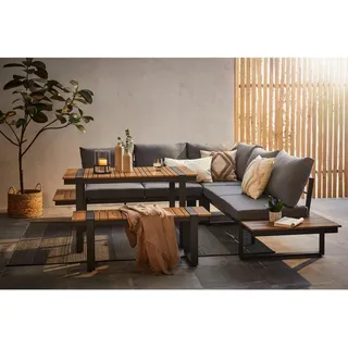Ambia Garden Dining-Loungeset , Anthrazit, Dunkelgrau, Teakfarben , Metall, Kunststoff, Textil , Füllung: Schaumstoff,Polyester , einzeln stellbar , 240x240 cm , Gartenmöbel, Gartengarnituren, Gartenmöbel-Sets