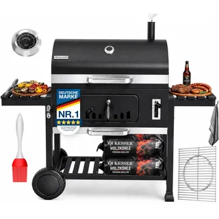 KESSER® Holzkohlegrill XXL Grillwagen mit Deckel & Thermometer – großer BBQ Kohlegrill Wagen, Smoker Grill mit Kamin & Lüftung, mit Grillrost, Warmhalterost, Rädern, Ablage & Aschebehälter