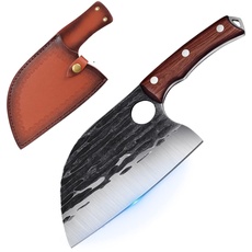 SMITH CHU Hackmesser Serbisches Metzgermesser Handgeschmiedetes Kochmesser Küchenmesser Fleischerbeil Fleisch Gemüse scharfes Ausbeinmesser mit Lederschiede Full Tang Outdoor für BBQ Camping