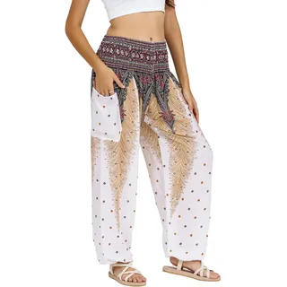 Lofbaz Damen Haremshose Yogahose Pumphose Hippie Hose Boho Kleidung Festival Outfit Sommerhose Leicht Sommer Hosen - Peacock 1 Weiß S