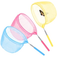 com-four® 3X ausziehbarer Kescher für Kinder - Insekten-Netz mit Teleskopstab - Fischernetz für Kinder - bunter Kinderkescher [Auswahl variiert] (3 Stück - blau gelb pink)