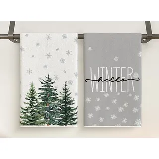 Geschirrtücher Weihnachten 2er Set, Küchentücher Weihnachtsbäume Küchenhandtücher Weiß Grau 41x63 cm, Geschirrtuch mit Weihnachts Motiven Bäume Schneeflocken Hello Winter Deko Polyester Handtücher