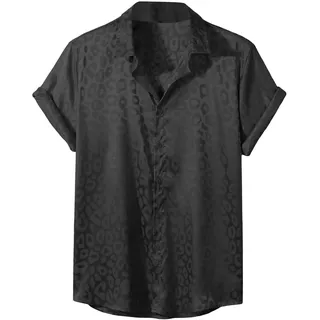 Falainetee Herren Satin Leopard Print Kurzarm Button Down Reverskragen Seide Shirts Top, Schwarz, L