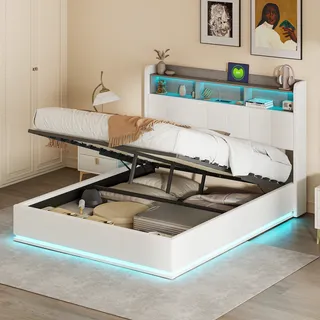 CDGlobal Polsterbett 140x200cm, Hydraulisch Doppelbett mit Stauraum und Lattenrost, LED Kopfteil mit USB Ladefunktion, Stauraumbett Metallbett Jugendbett Bettgestell, Leinen (Beige,140x200cm) - Weiß