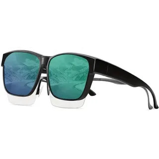 GKA B Überzieh Sonnenbrille für Brillenträger Gläser blau-grün verspiegelt Fit Over Übersonnenbrille Überziehbrille Überbrille Damen Herren UV-Schutz - Blau, Grün
