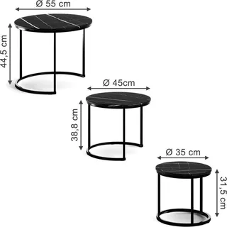 Vicco Couchtisch-Set Montreal, 55 x 55 cm 3 Teile, Schwarzer Marmor/Schwarz - Schwarz