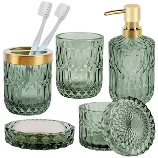 NZZVNZ 5 Stück Grünes Glas Badezimmer Zubehör Set, Moderne Seifenspender Set, Seifenschale, Zahnbürstenhalter, Wattestäbchen Kanister, Becher, Badezimmer Deko Set, Vintage Geschenk