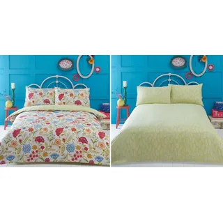 Irvine King Größe Bettbezug und 2 Kissenbezüge Set Bettwäsche, Bettwäsche-Set, Creme, blau, rot, Blumen, Retro, Creme